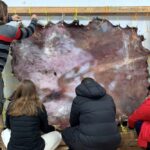 USask College of Nursing students working with an Elder on a moose hide during a community clinical at St. Frances Cree Bilingual School
