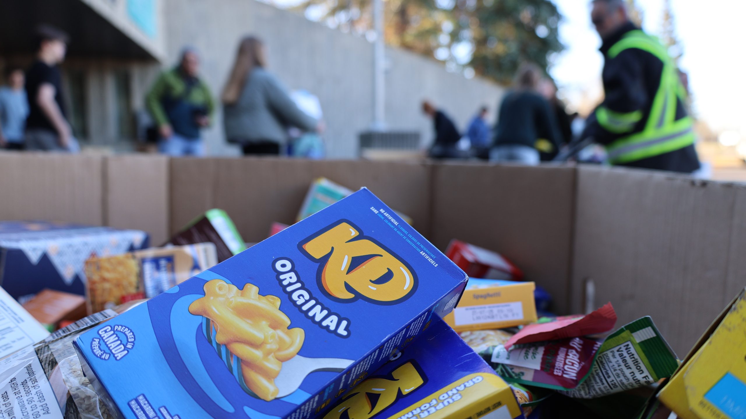 6W0A8508.jpg a large bin of food collected by students for Saskatoon Food Bank and Learning Center during the annual Halloweening for Hunger food drive